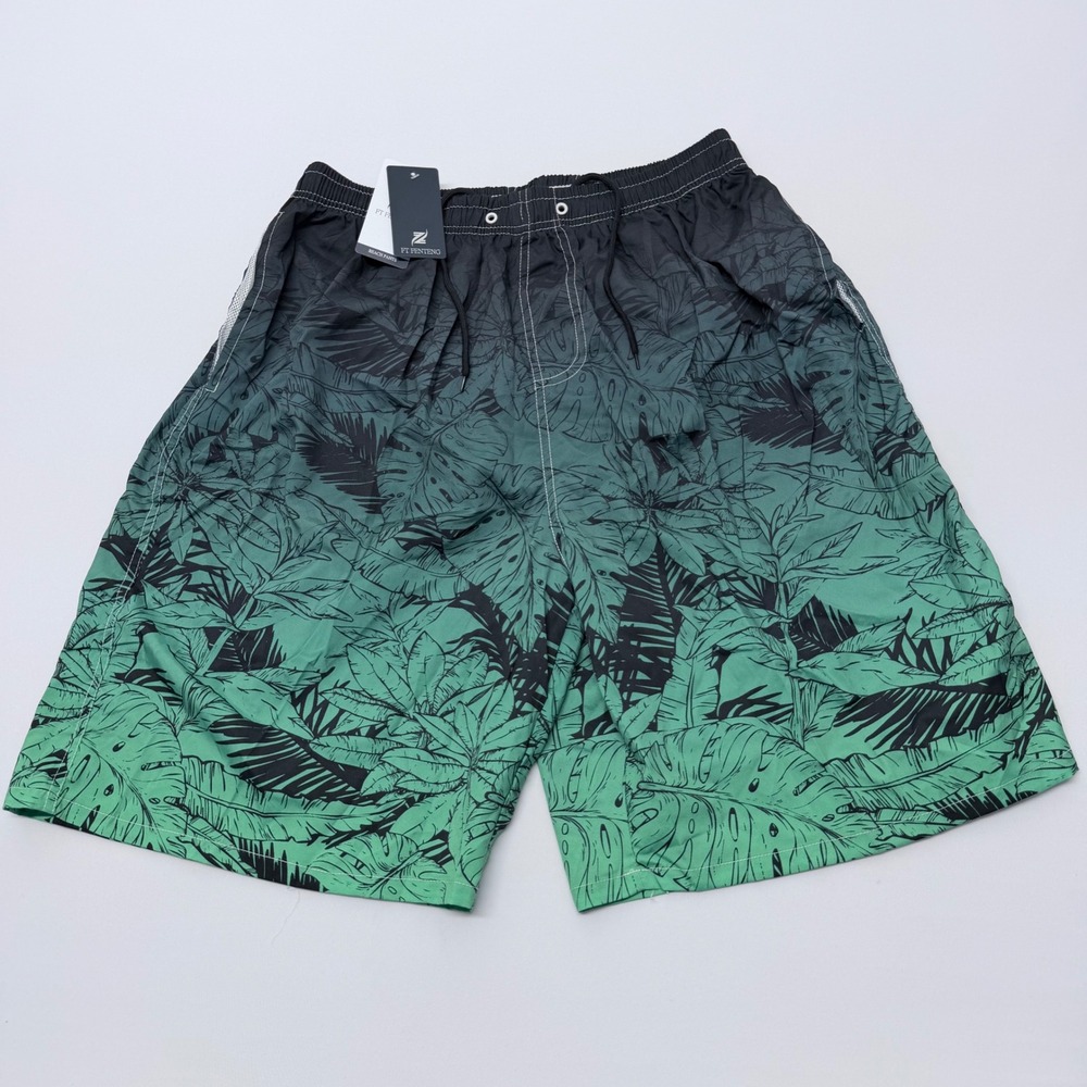 FT Fenteng Mens Tropical Monstera Leaf Print Swim Trunks Green Black Ombre L NEW